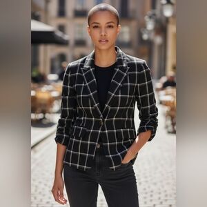 Suzy Shier 3/4 sleeve plaid blazer black brown medium